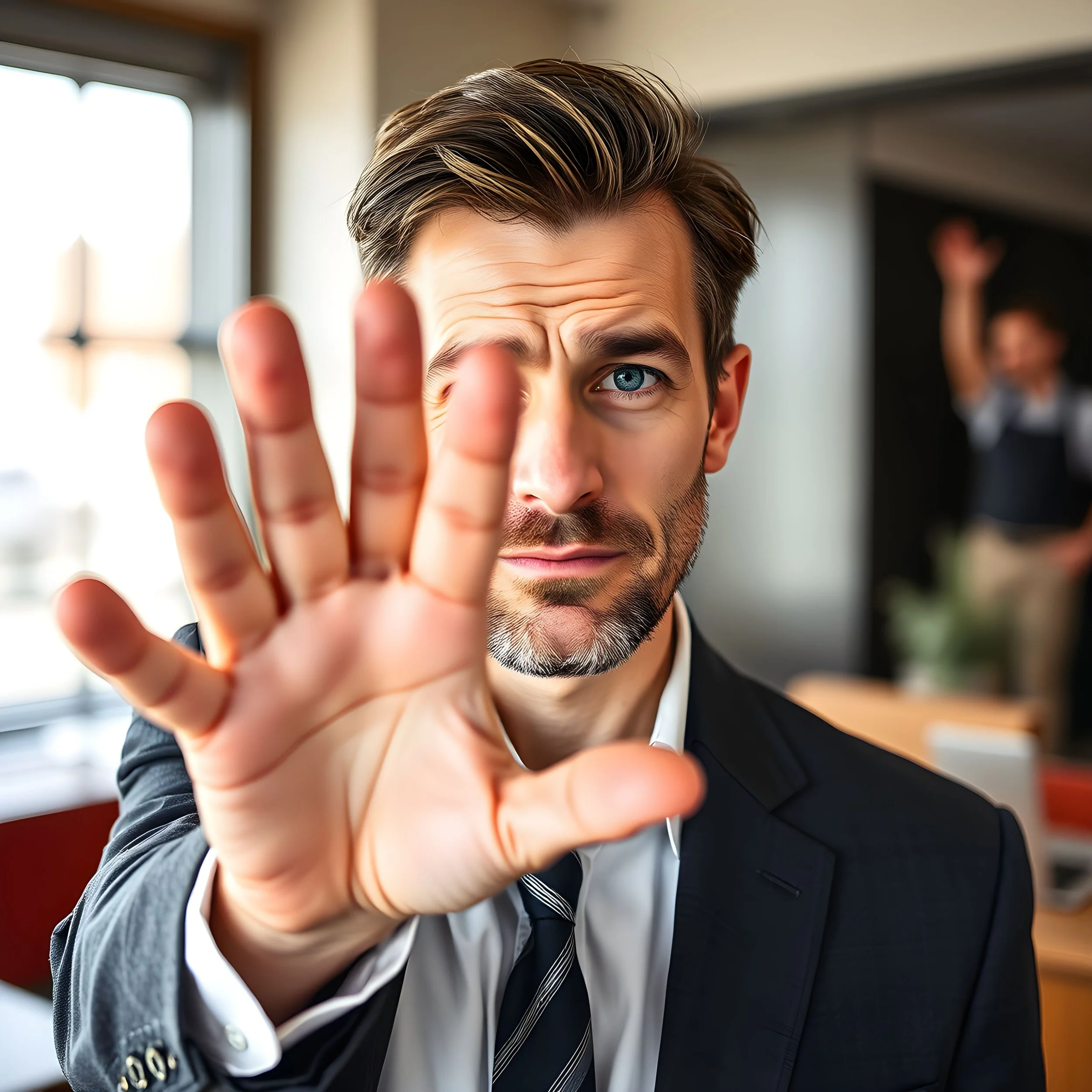 Man with hand up pushing against the marketing person