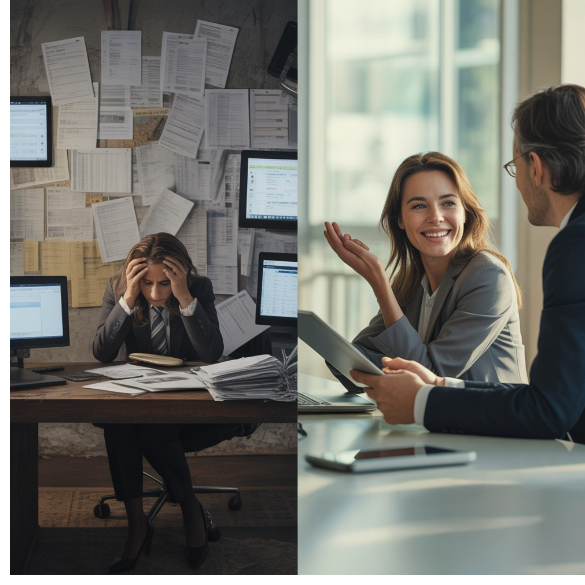 Split screen -  one side overhwelmed by content. the other -  opened with conversation