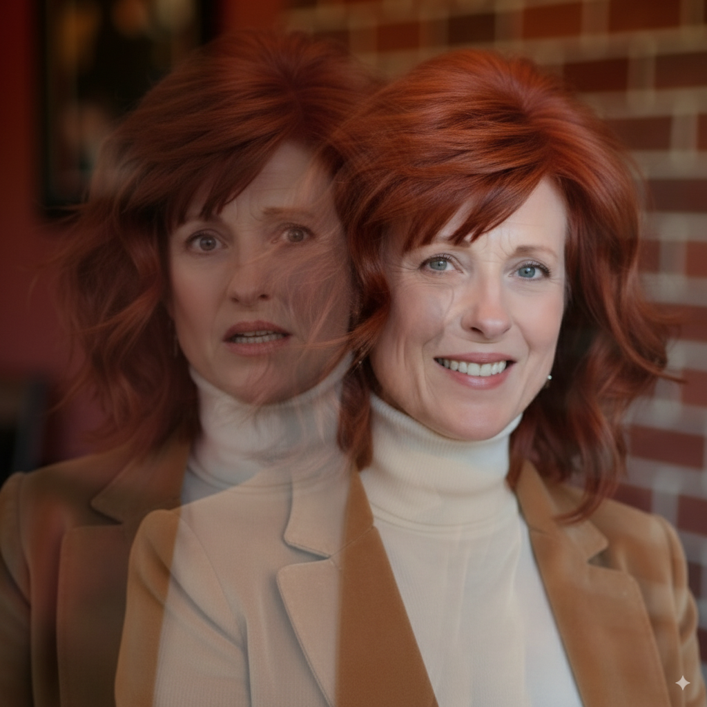 Woman looking in the mirror she is confident, reflection is fearfule