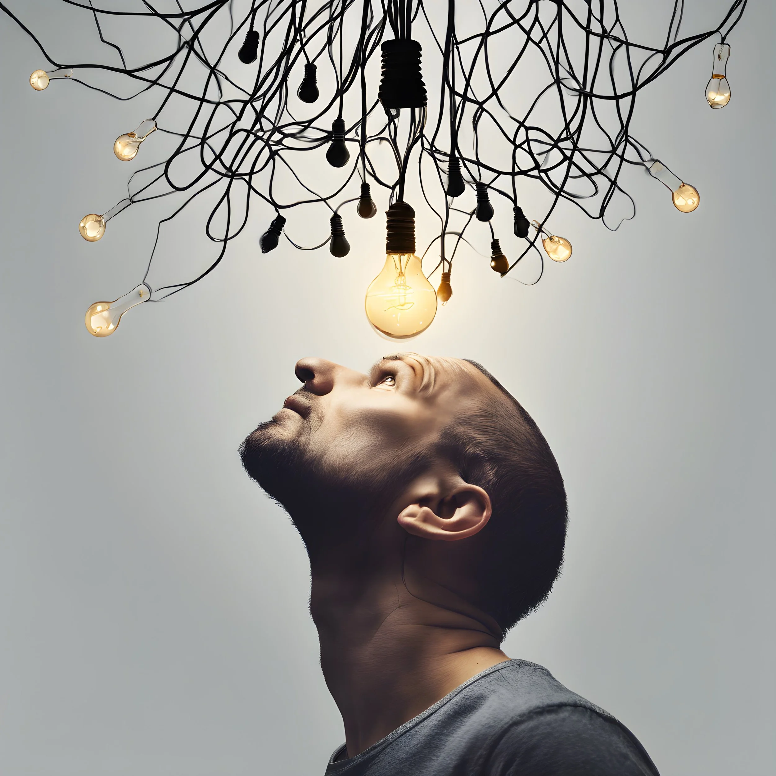 man fascinated by a single bulb out of a nest of bulbs