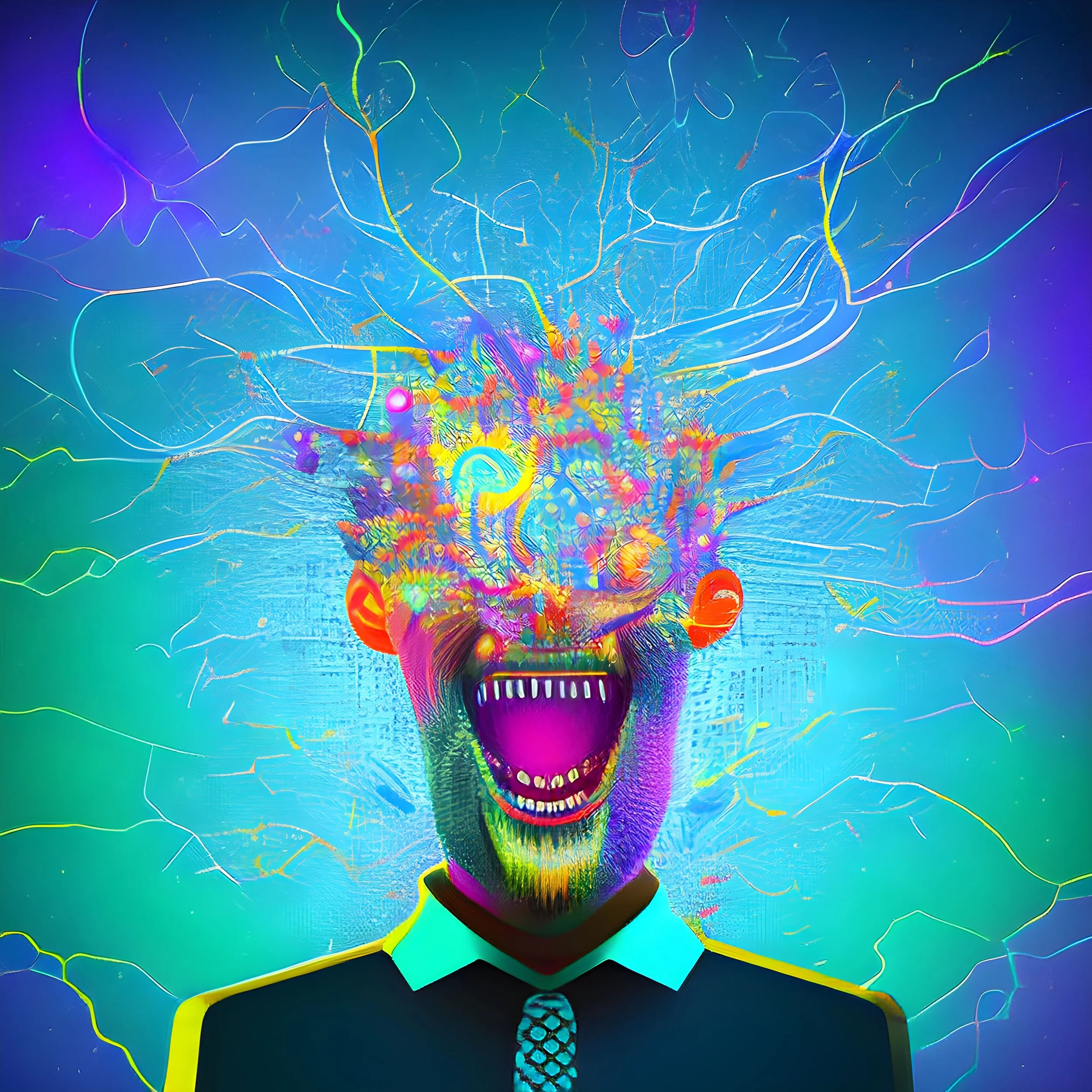 Image of an AI with crazy hallucinations coming out of its mind