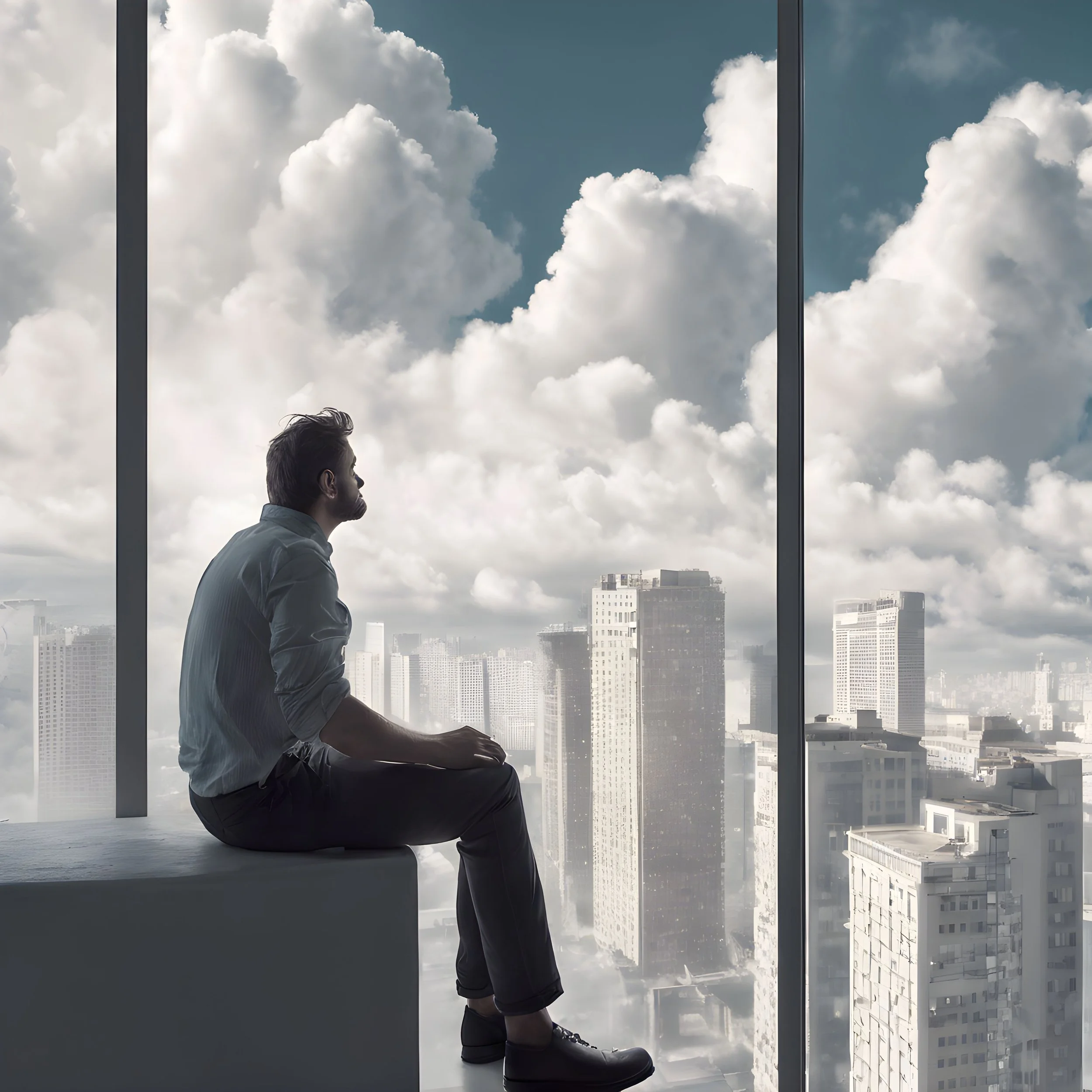 Man daydreaming out his office window