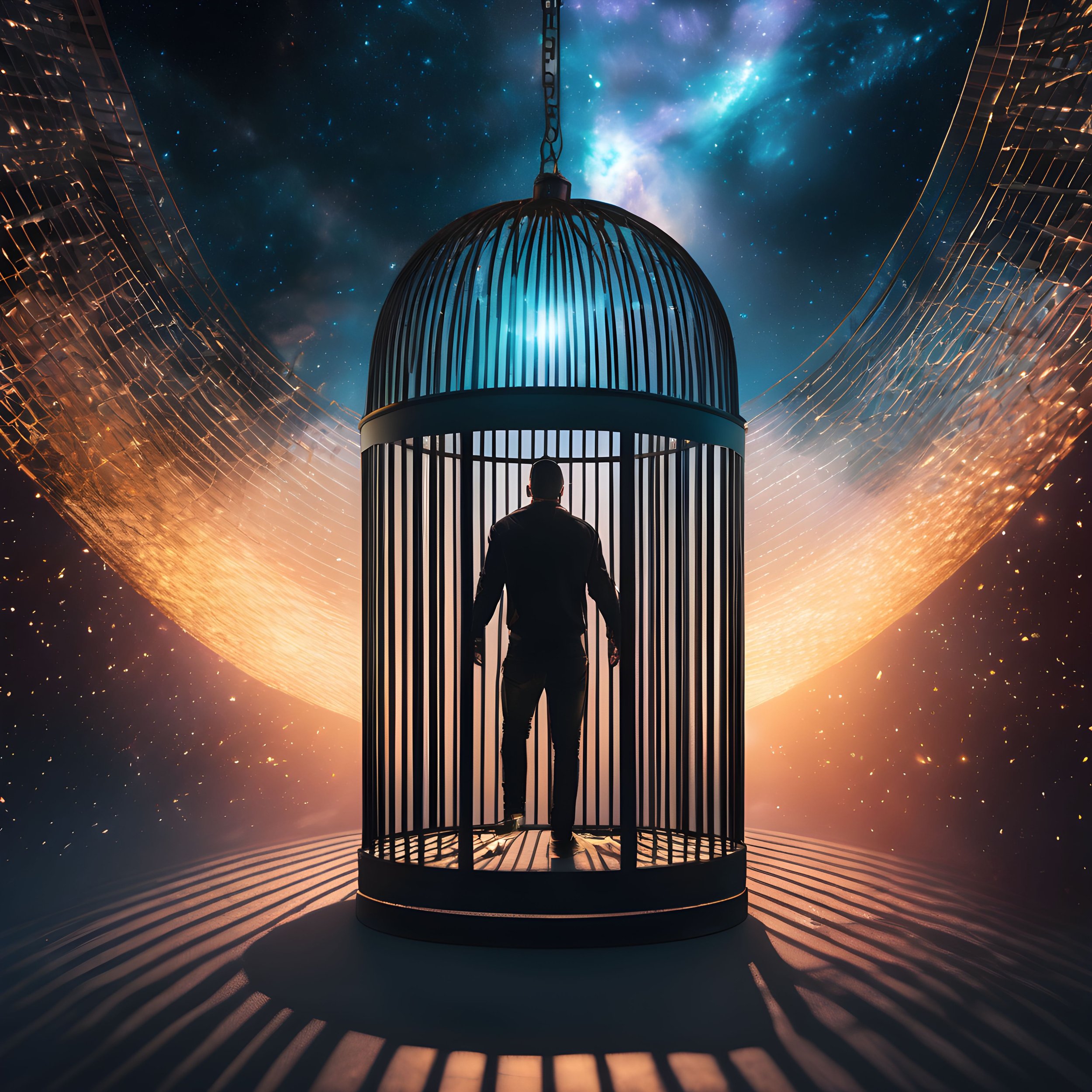 A man stuck in a cage seeking freedom in a quantum world