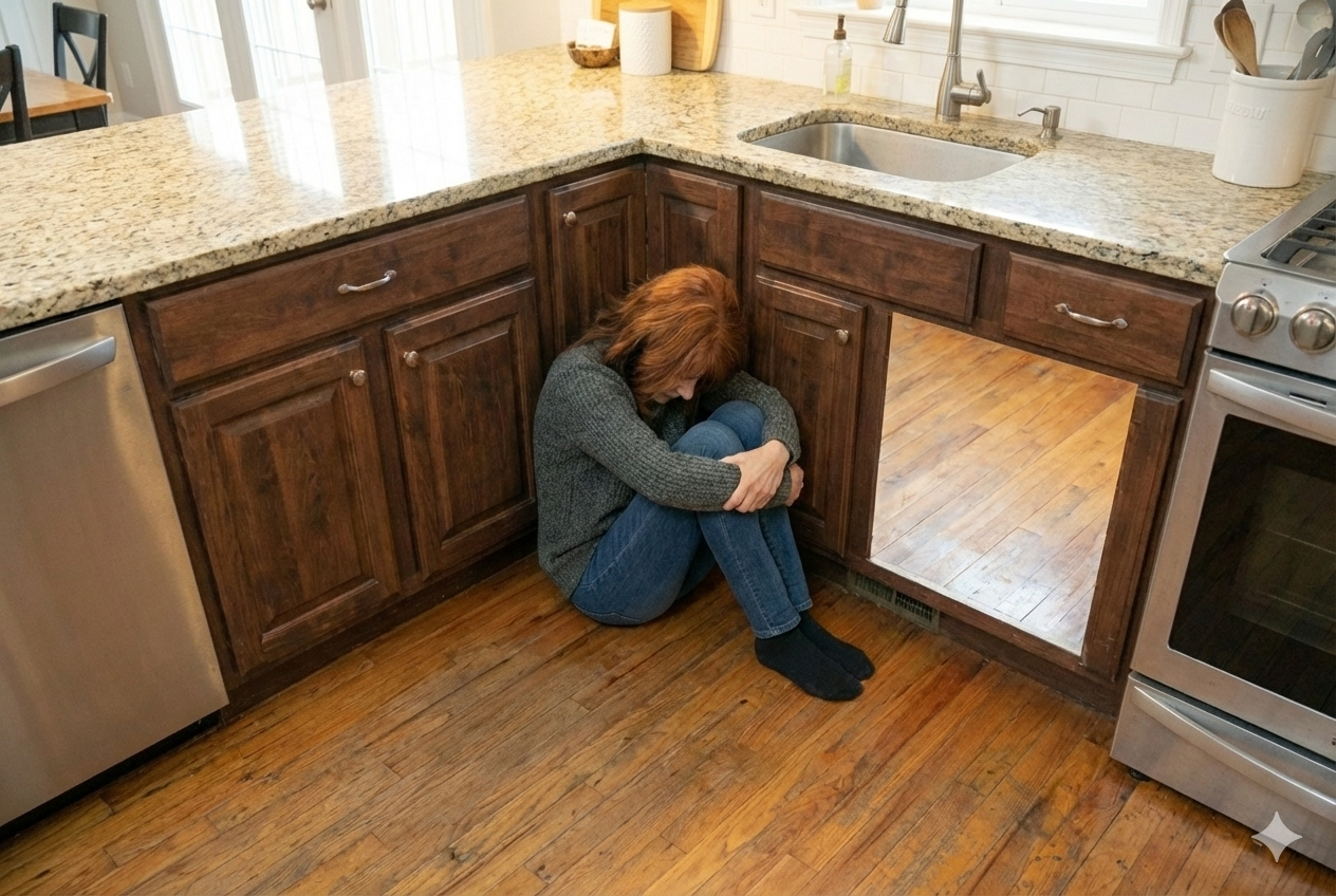 Woman on the floor in a corner of her kitchen, shrinking herself