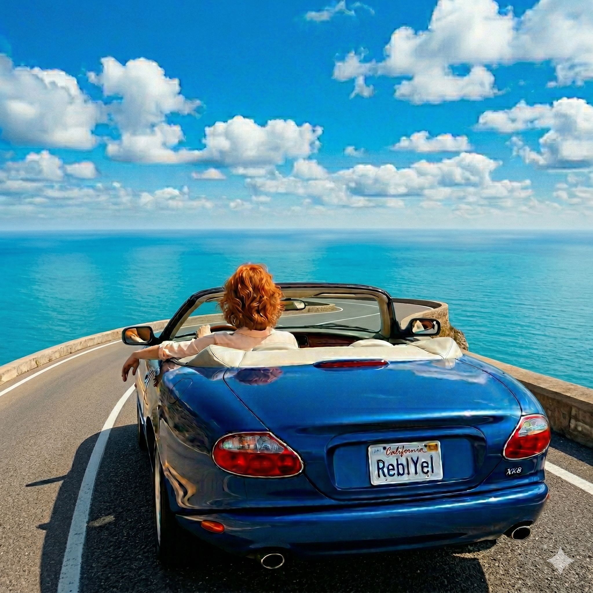 Woman driving her jag along pacific coast highwar