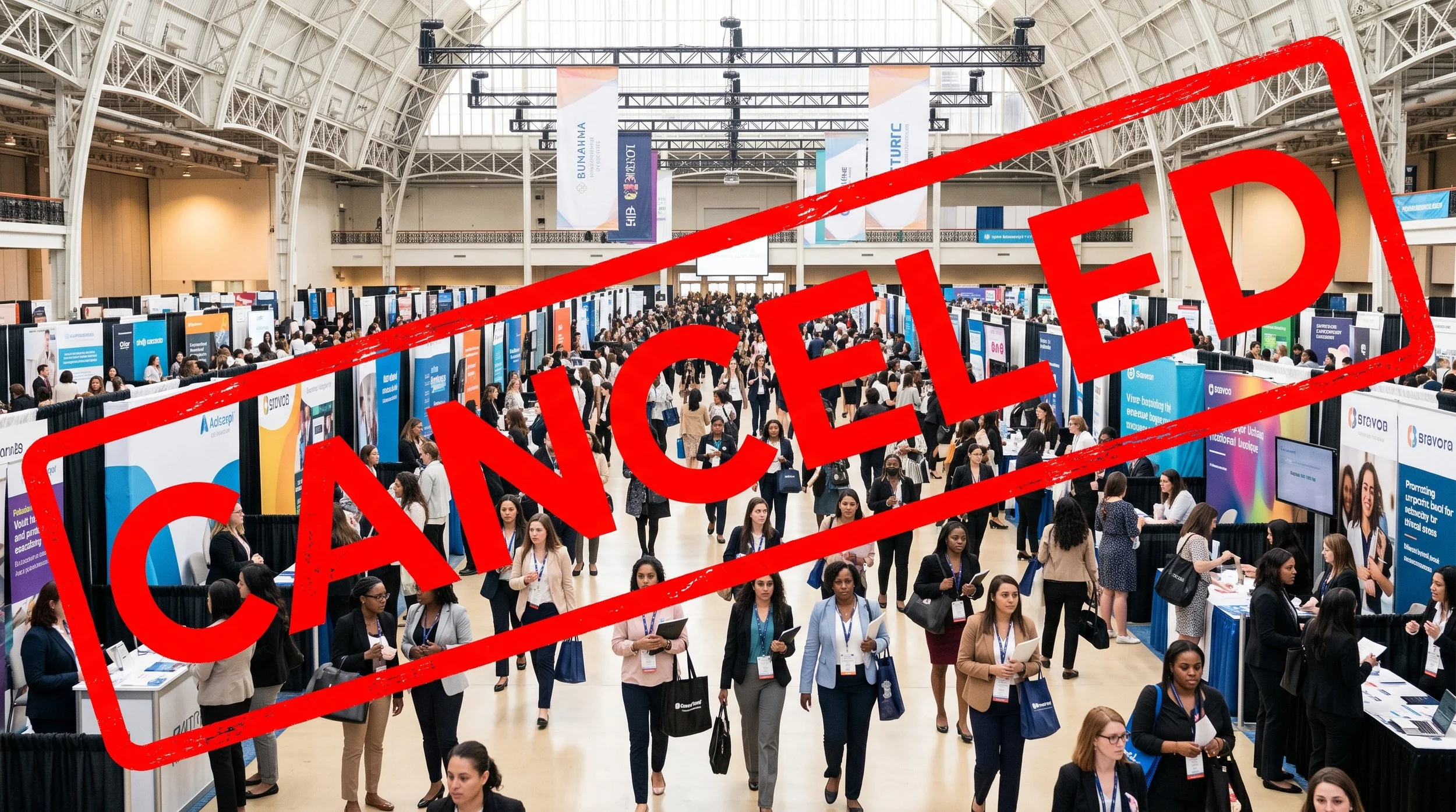 Packed women's event with huge red CANCELLED across i