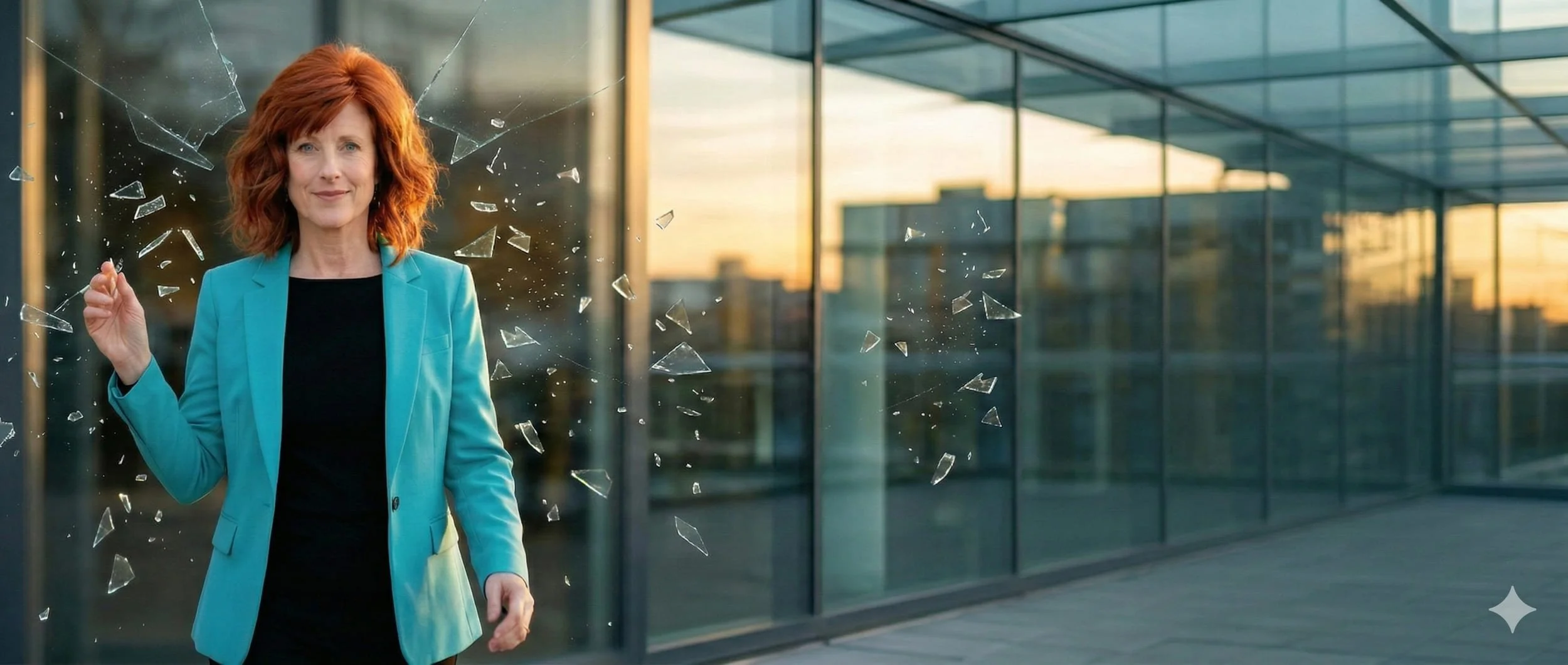 Woman shattering a glass door in an analogy to status quo