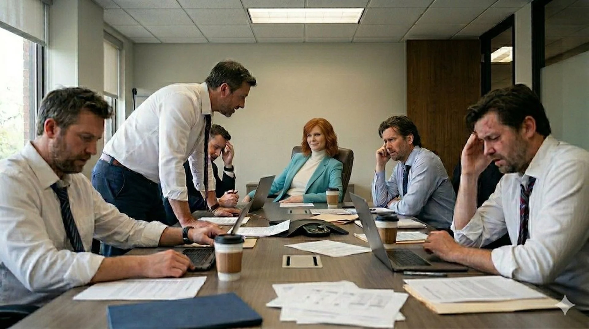 Woman sitting in meeting knowing the answer and watching men sruggle
