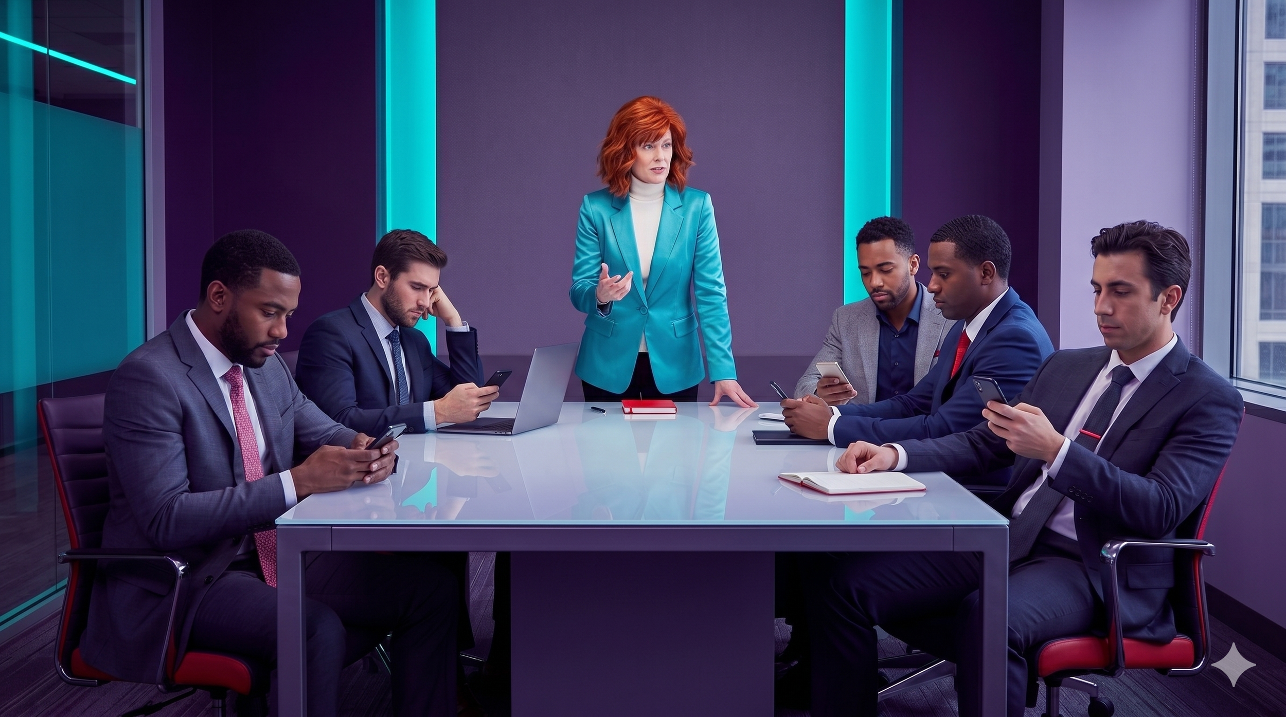 Woman presetning while all the men ignore her and are on their phones
