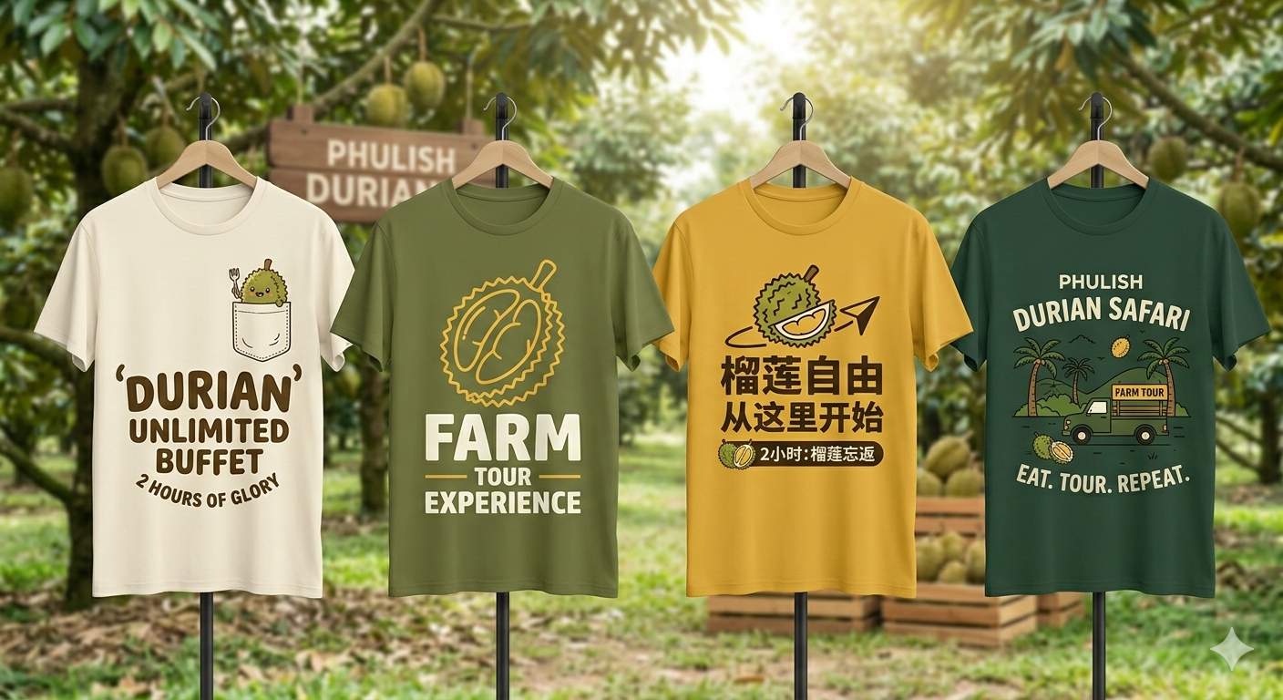 Four T-shirts hanging outdoors with durian-themed designs, featuring graphics and text promoting durian tours and experiences.