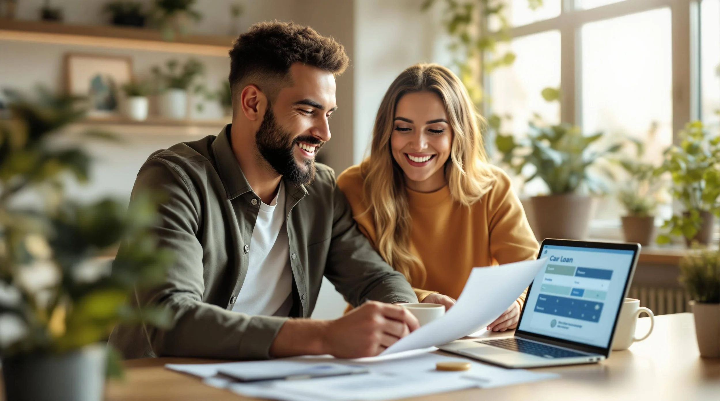 A smiling man and woman sitting at a table with a laptop showing a car loan form, looking at documents, with coffee mugs, surrounded by plants and sunlight.