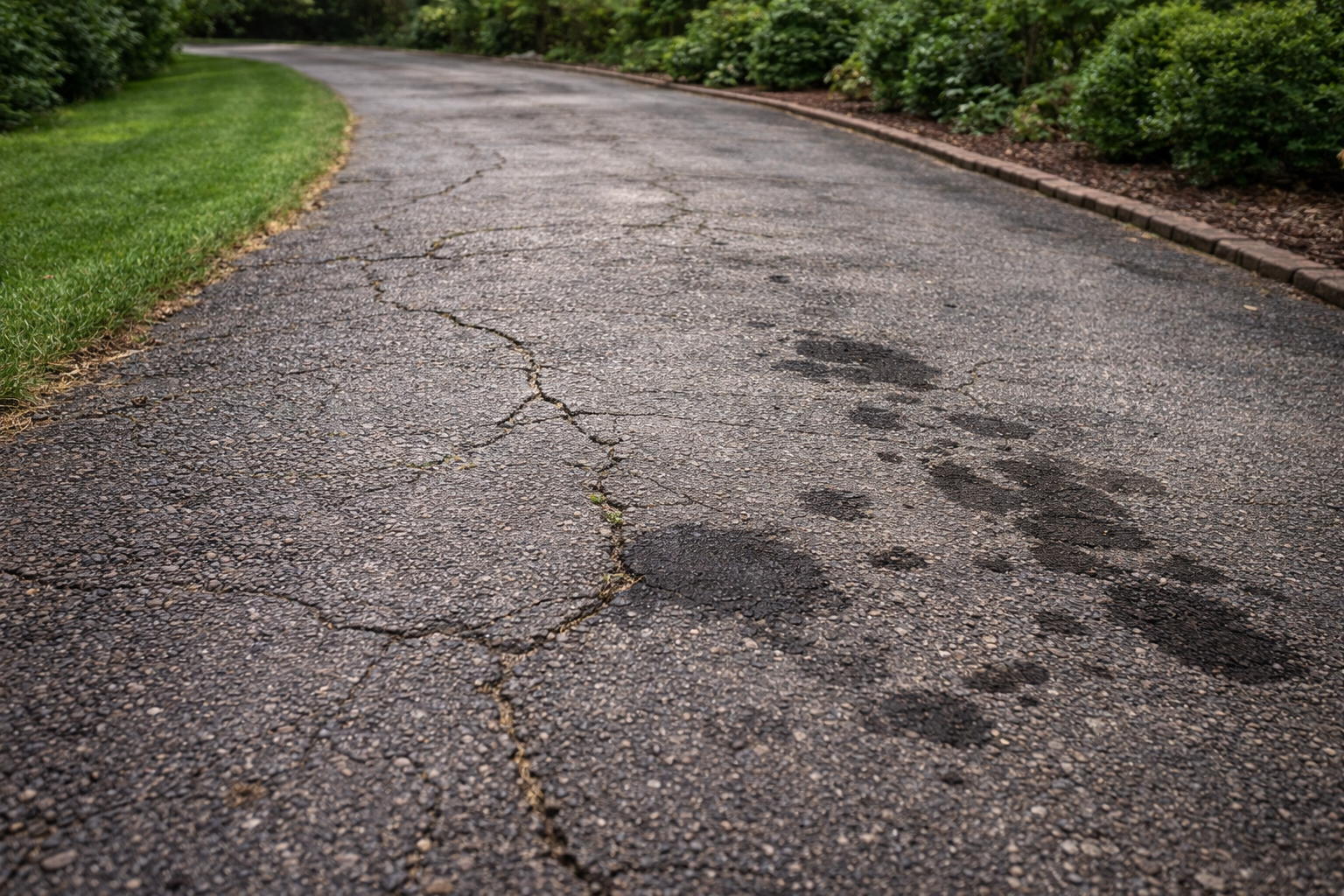 Cracked asphalt road with wet spots, bordered by green grass and hedge bushes.