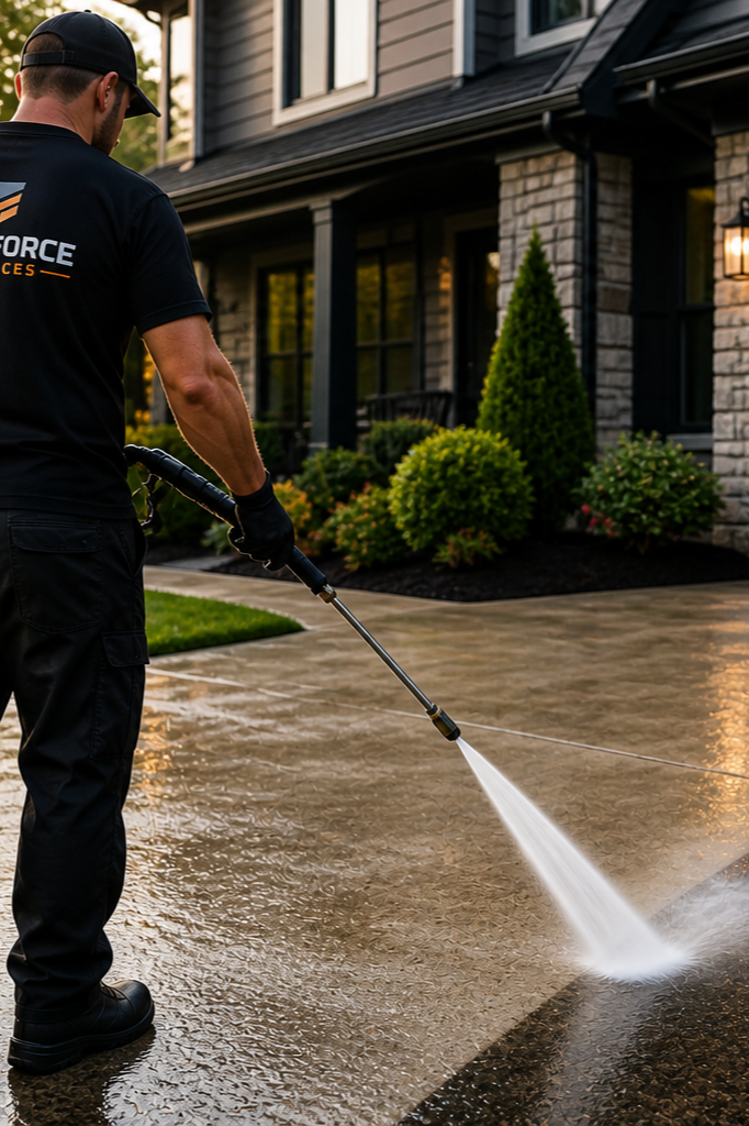Man pressure washing a concrete driveway in front of a modern house with a garage, shrubs, and trees.