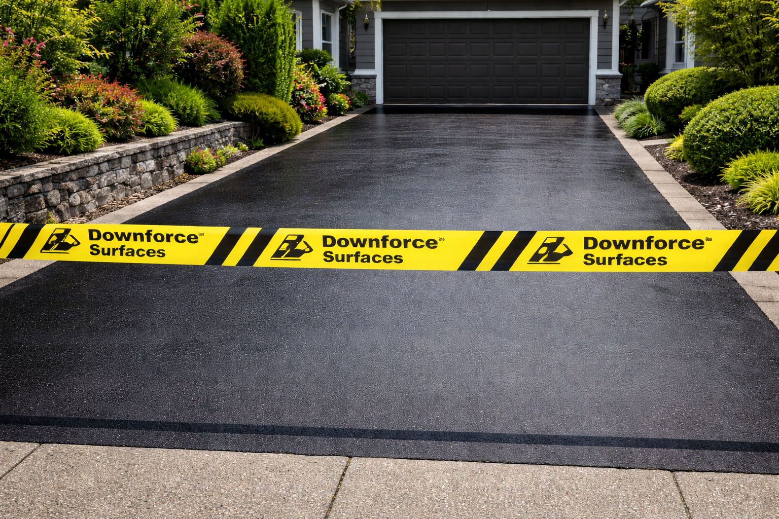 A residential driveway with a newly paved black asphalt surface, blocked off with yellow caution tape reading 'Downforce Surfaces'.