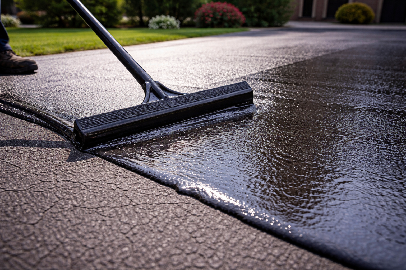 A person is using a squeegee to spread a liquid, likely sealant or coating, over an asphalt driveway on a sunny day in Leesburg, VA