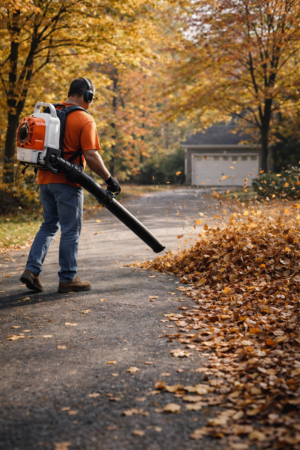 A man wearing a backpack blower clearing leaves from a driveway on a fall day, with trees showing colorful autumn foliage in the background.
