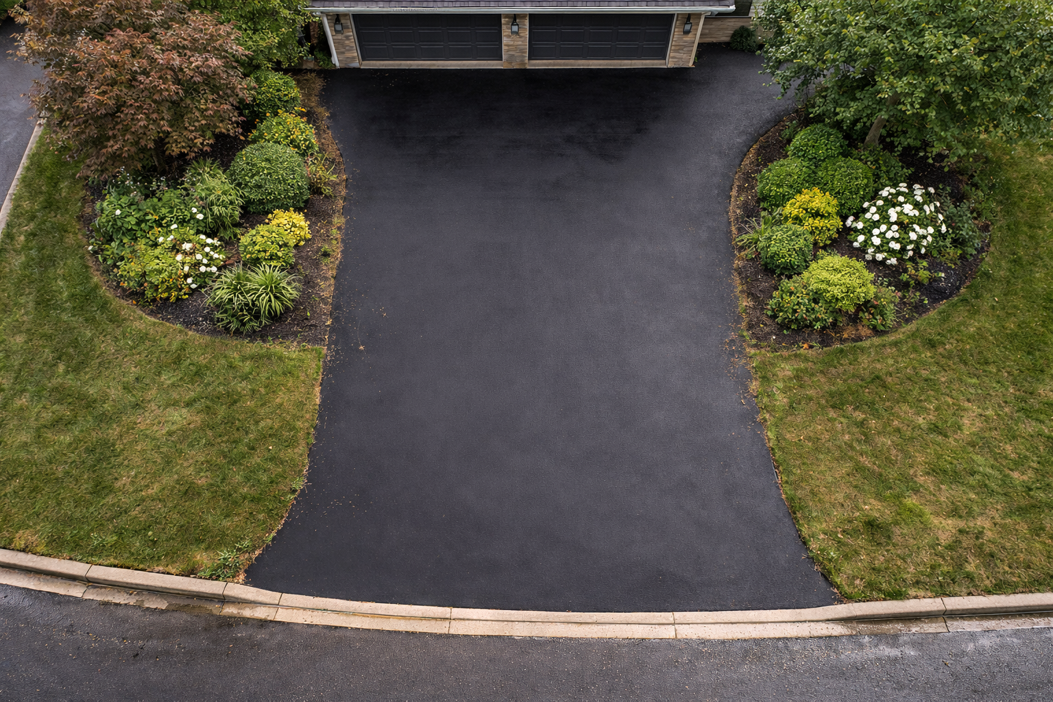 An aerial view of a paved driveway leading to a garage, bordered by landscaped flower beds with various green plants and white blooming flowers, and bordered by a grassy lawn.