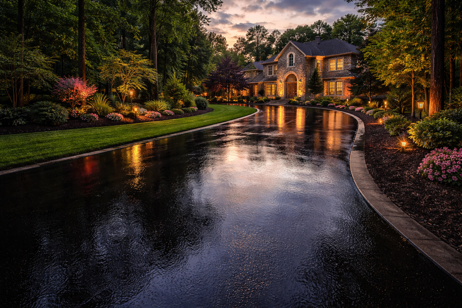 A lit stone house at dusk with a curved wet driveway and well-maintained garden with flowers and trees.