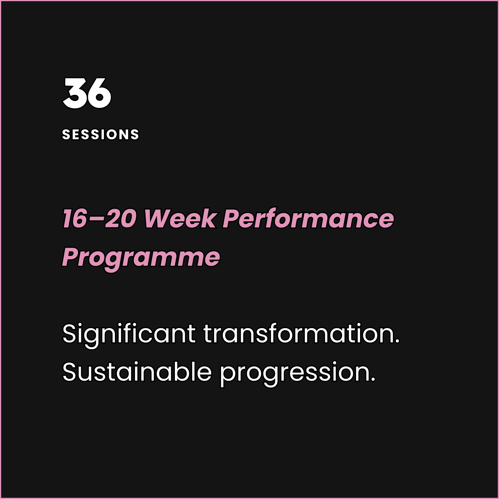 Black background graphic with white, pink, and white text displaying '36 Sessions', '16-20 Week Performance Programme', and statements about transformation and sustainable progression.