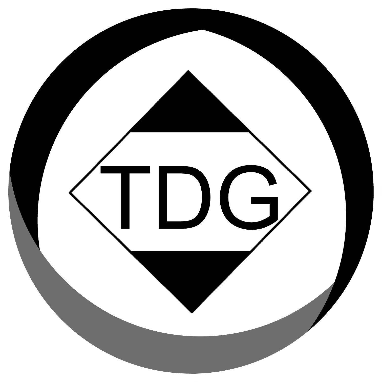 Black and white logo with the letters TDG inside a diamond shape, surrounded by concentric circles.