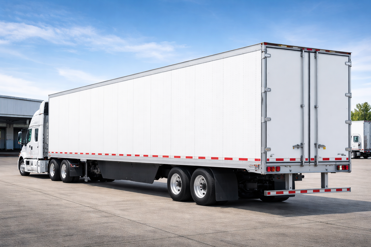 A white box truck parked in a lot with a blue sky overhead.
