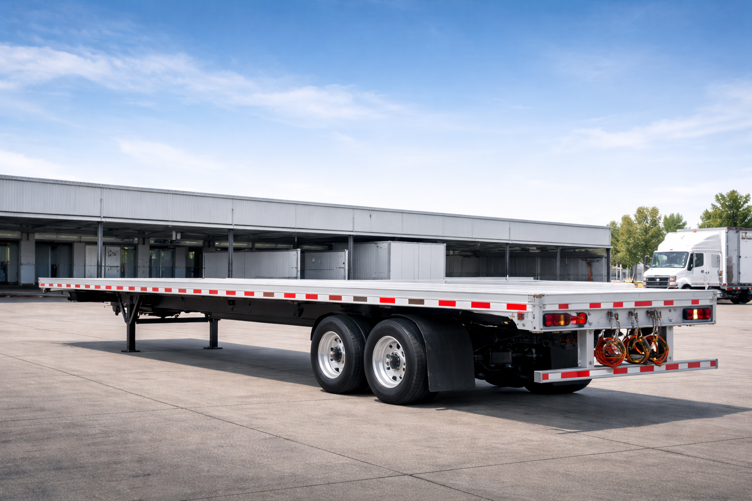 Empty flatbed truck trailer parked on concrete lot with a large industrial building in the background and a white box truck nearby under a blue sky with some clouds.
