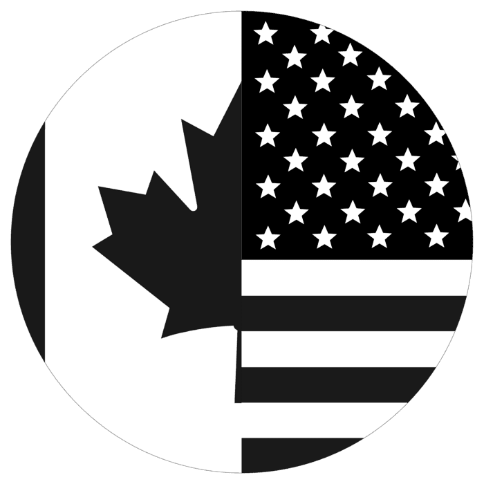 A circular graphic divided into two halves: the left half with a black silhouette of a maple leaf, and the right half with a pattern of white stars and horizontal stripes resembling the American flag in black and white.