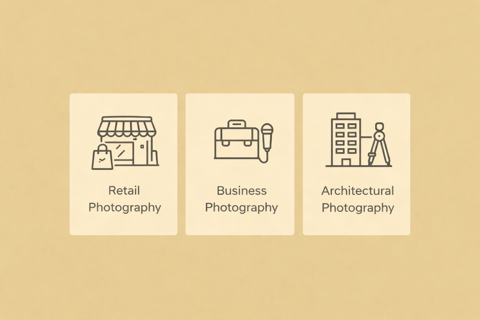 Icons representing retail, business, and architectural photography with descriptive labels.