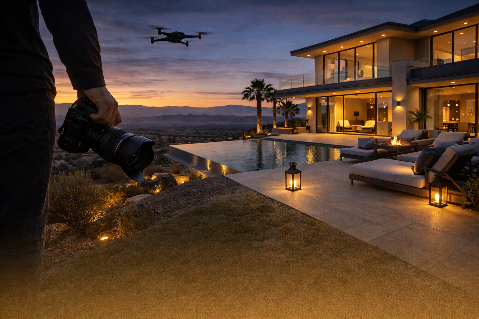 Man holding a camera stands on the lawn of a modern house with an infinity pool, outdoor seating, and fire pits, during sunset with mountains in the background and a drone flying in the sky.