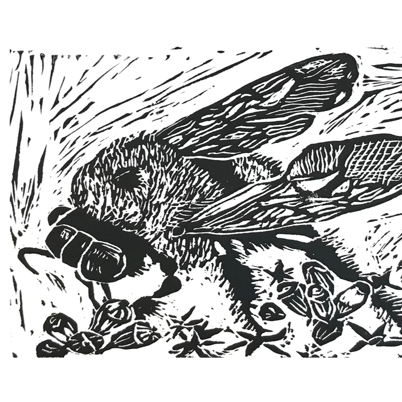 6x9 Bee with Flowers Block Print