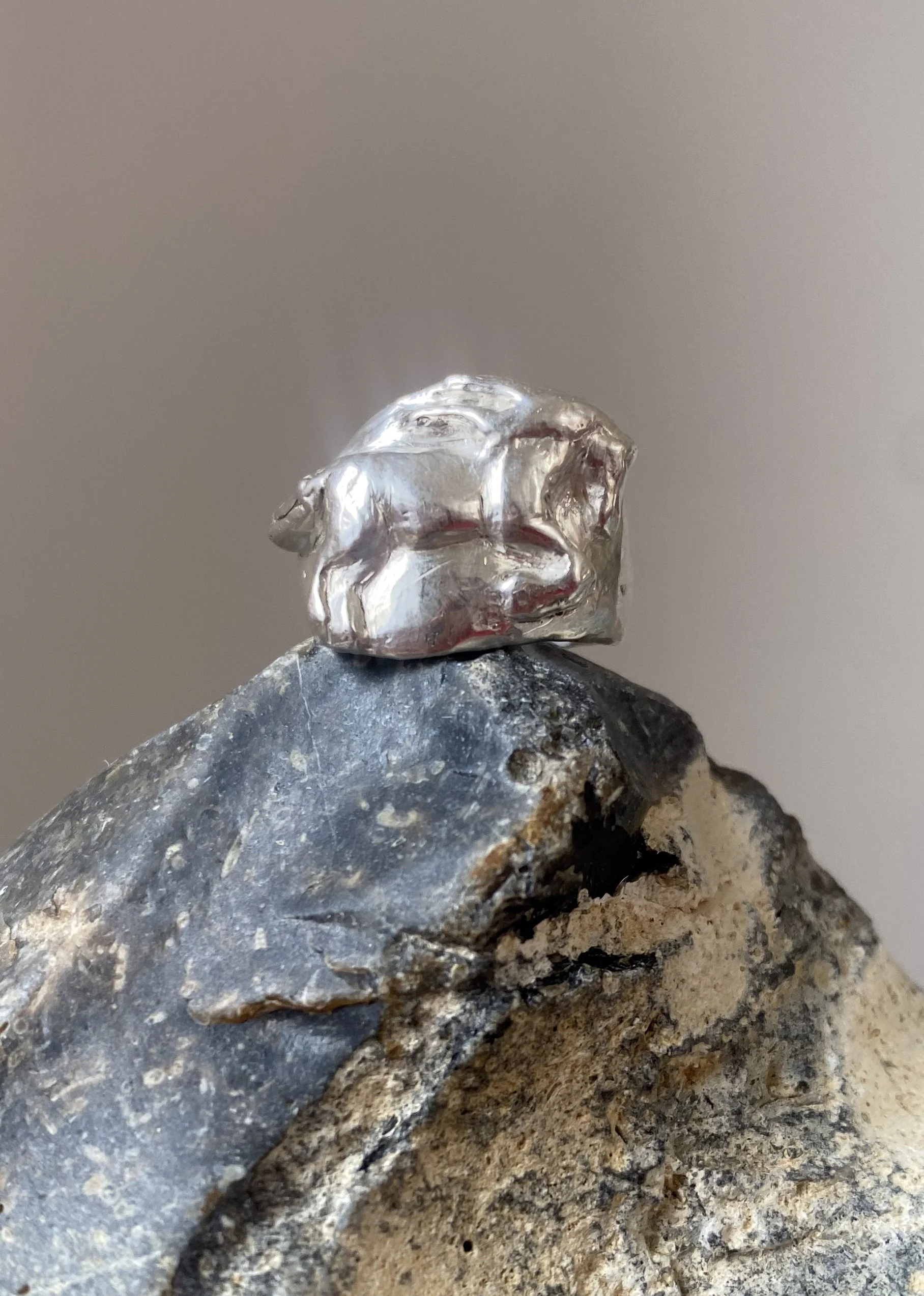 A ring with a firehorse, made of shiny silver, is placed atop a rough, dark, textured rock surface.