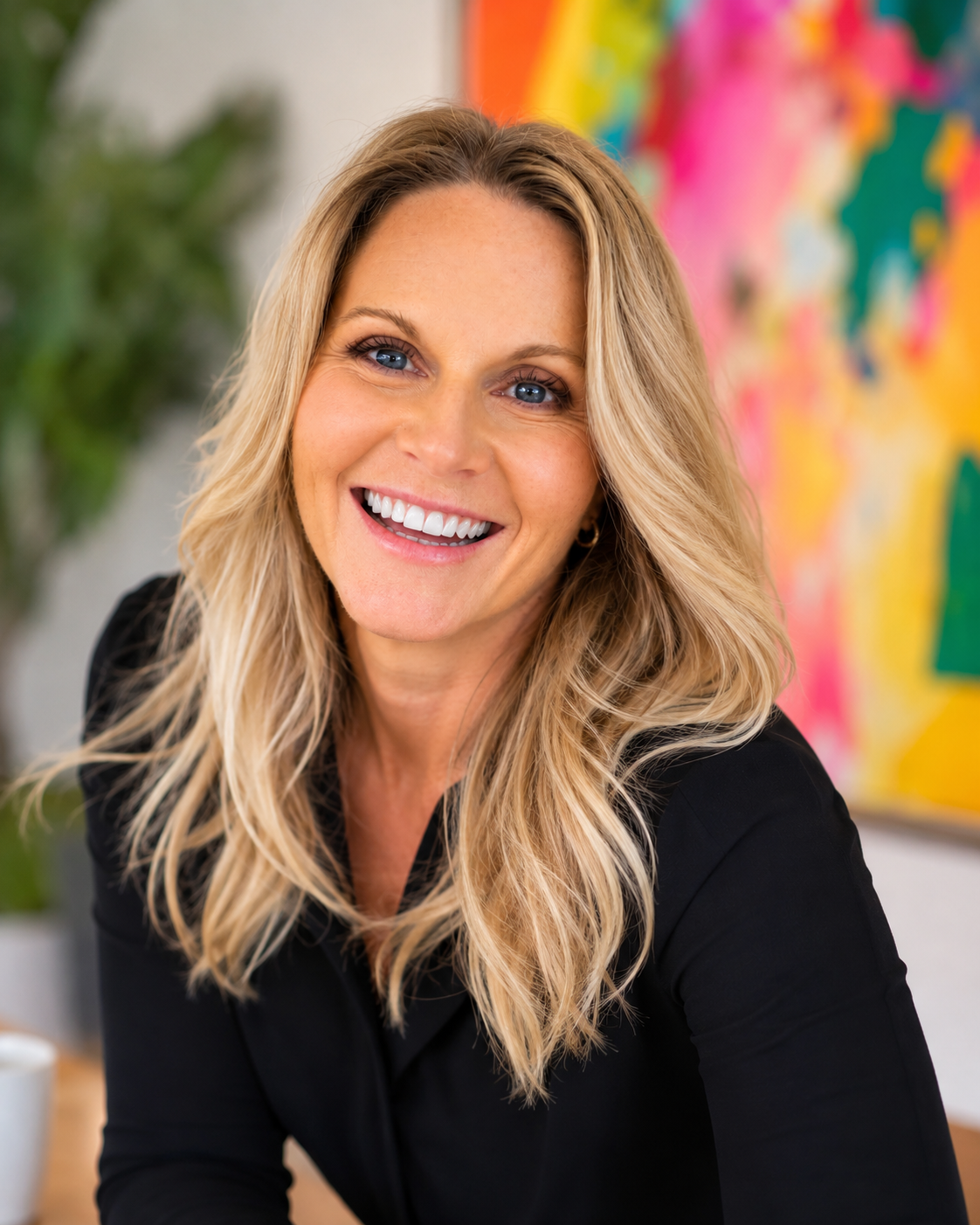 A smiling woman with long blonde hair in a black top, sitting indoors with a colorful abstract painting and a plant in the background.