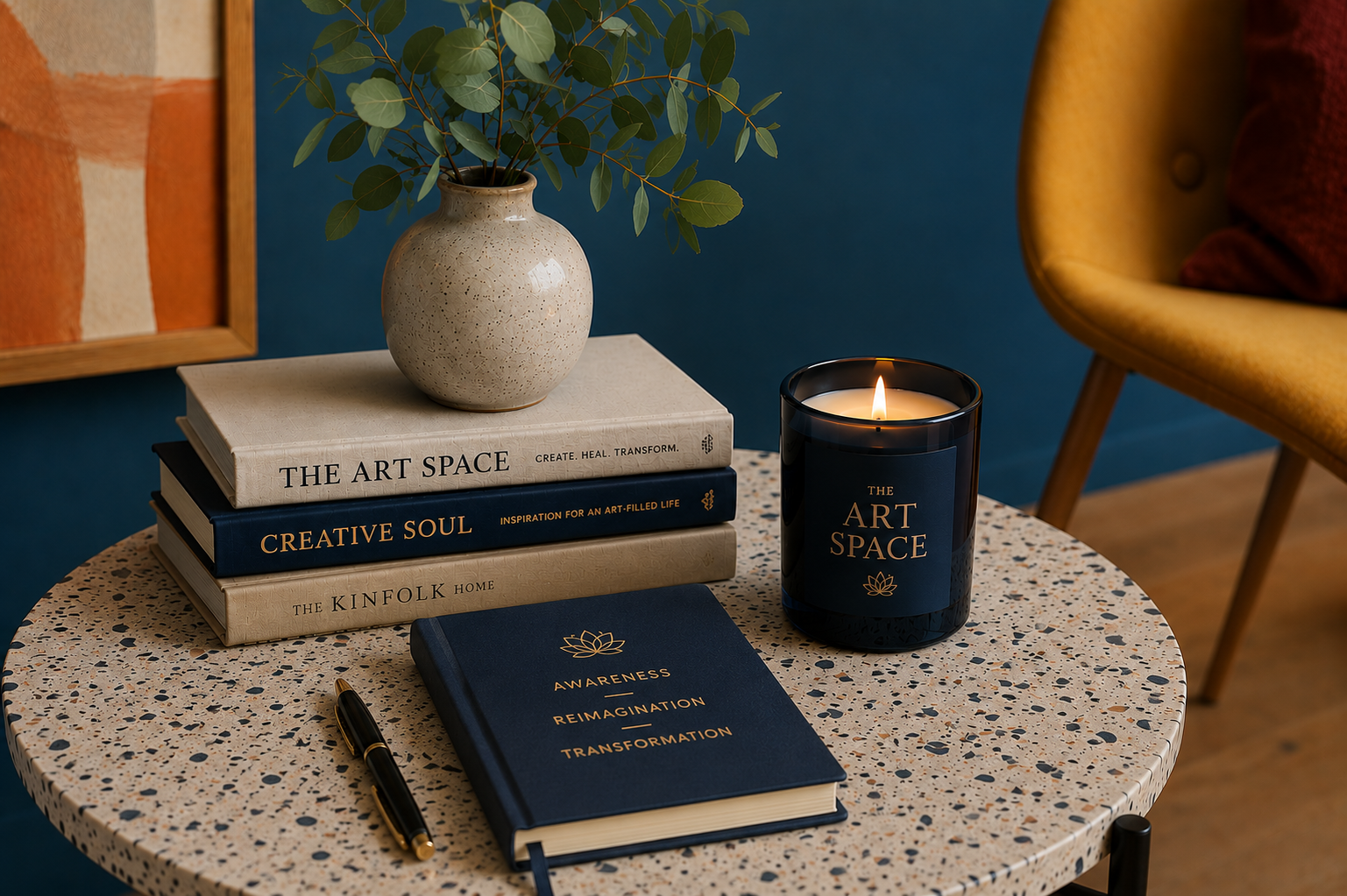 Decorative table with books, a black candle, a notebook, a pen, and a vase with greenery, in a cozy interior.