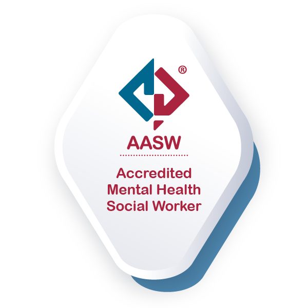 A badge with the AASW logo and the text "Accredited Mental Health Social Worker."