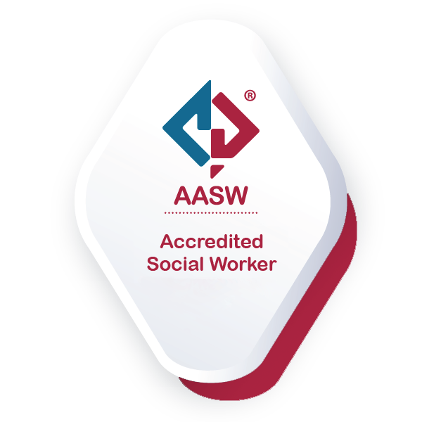 A badge with the AASW logo, indicating accreditation as a Social Worker.