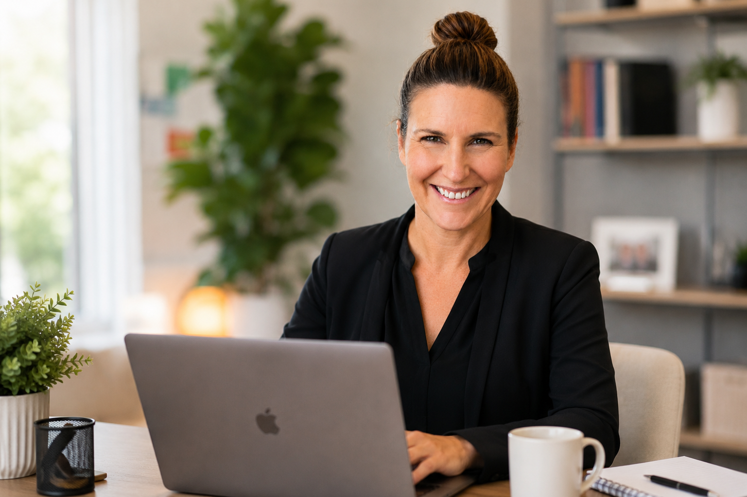 A smiling woman with a bun hairstyle sitting at a desk with a laptop, coffee mug, and office supplies, in a bright room with bookshelf and plants.