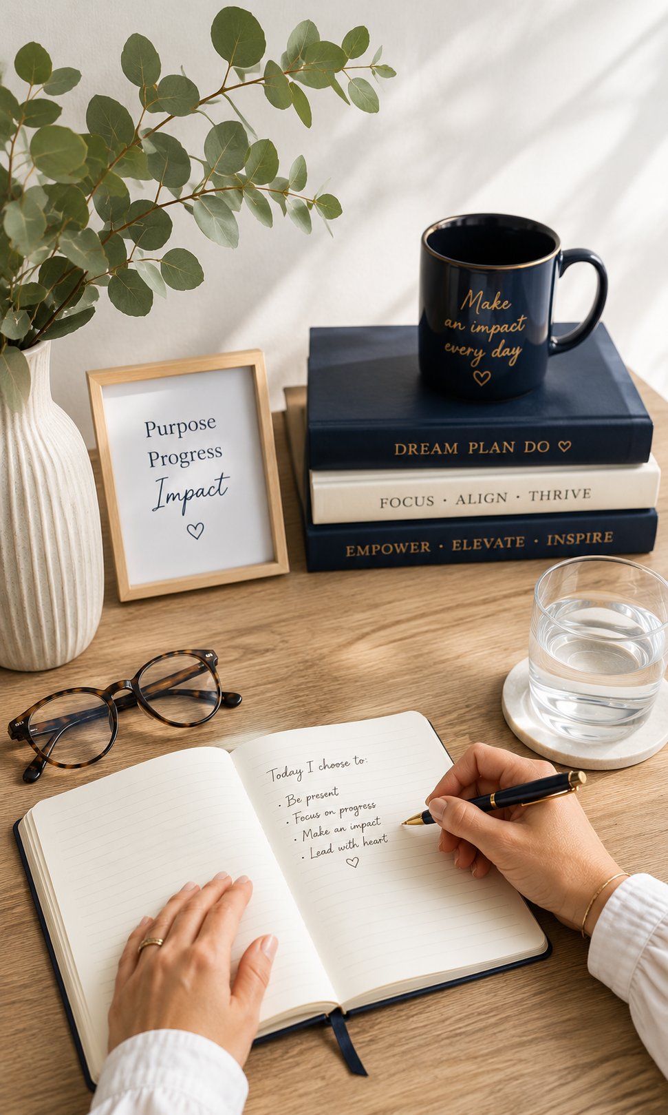 A wooden desk with a potted green plant in a ceramic vase, a framed quote, a stack of motivational books, a black mug with gold lettering, a glass of water on a coaster, and an open notebook with handwritten goals. A person is writing in the notebook with a black and gold pen, and a pair of tortoiseshell glasses is nearby.