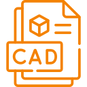 Icon representing CAD files or digital drawings, with a stack of documents and a computer screen labeled 'CAD'.