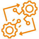 A stylized diagram of interconnected gears and machinery components in orange.