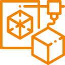 Orange outline drawing of a die with five dots and two separate cubes.