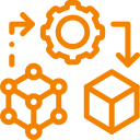 Icon depicting gears, a cube, and a molecular structure, representing technology and engineering concepts.