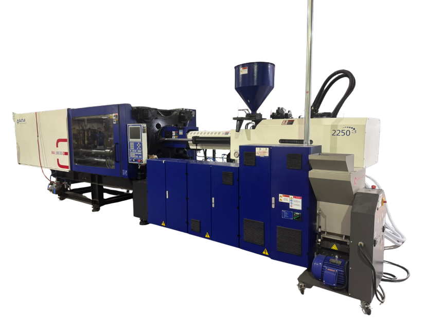 Industrial plastic injection molding machine with a control panel, hopper, and heating units for manufacturing plastic products.