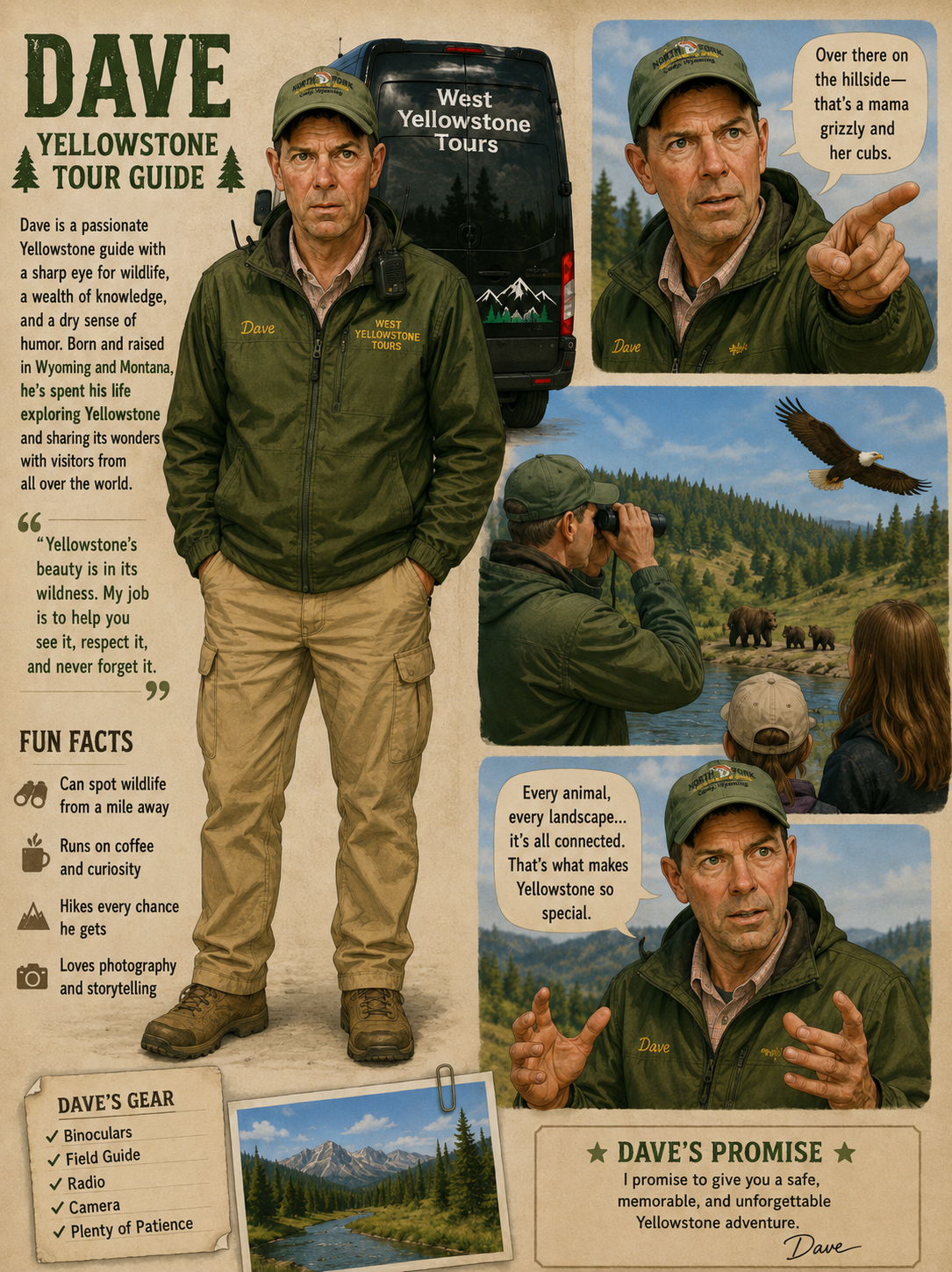 A detailed infographic of a Yellowstone tour guide named Dave, featuring his photo, his gear list, and illustrations of wildlife and landscape scenes in Yellowstone. Dave is dressed in outdoor gear with a Yellowstone logo, and the image includes quotes about wildlife and nature.