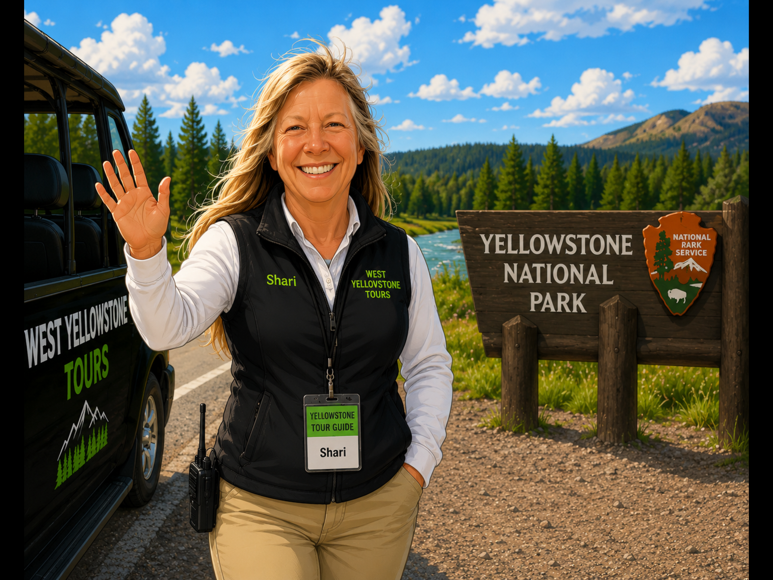 Smiling woman waving near a Yellowstone National Park sign, wearing a white shirt, black vest, and a name tag reading 'Shari'. She has a tour guide radio and is standing outdoors with trees and mountains in the background.