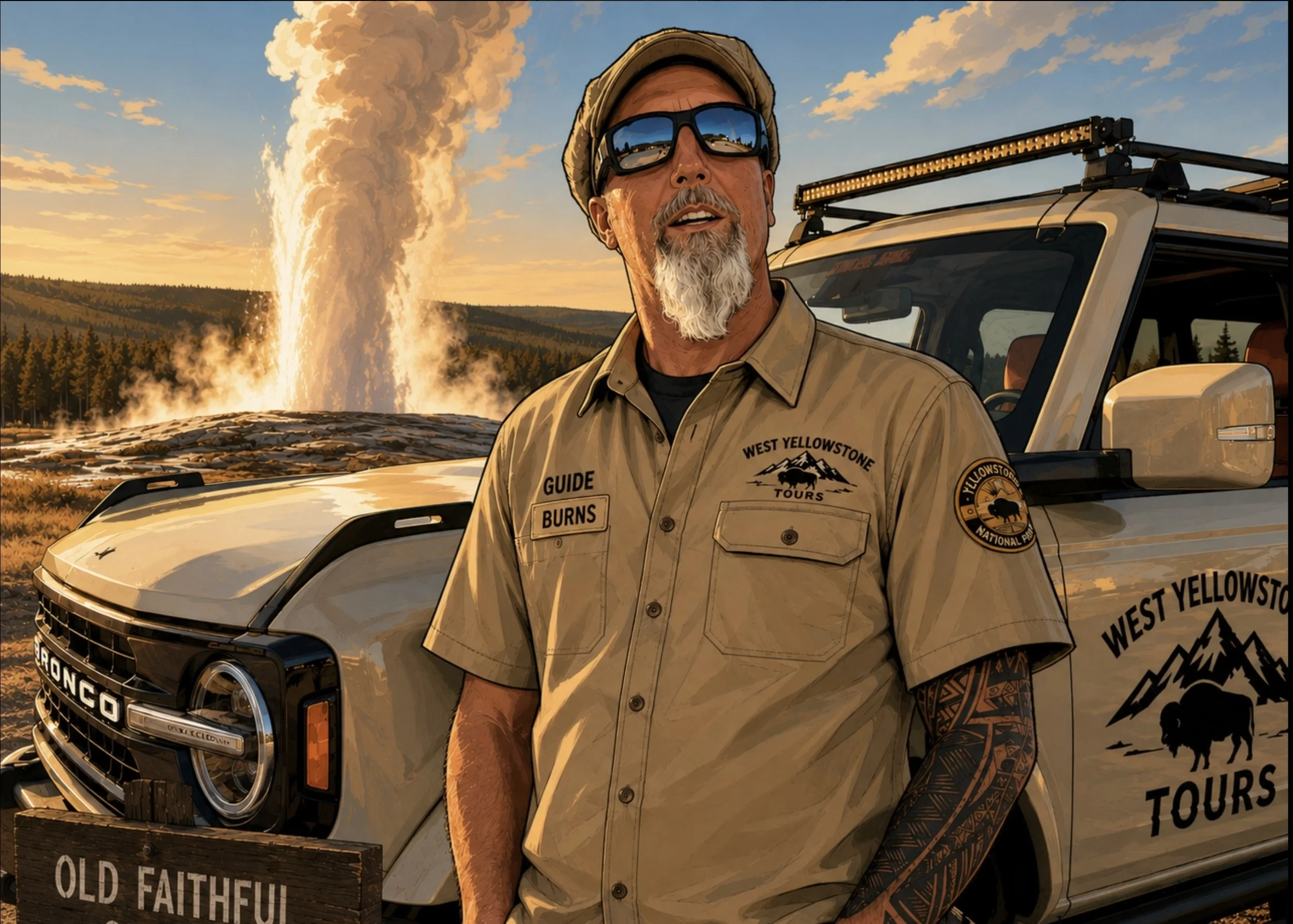 A guide standing in front of a vehicle with a geyser erupting in the background during sunset.