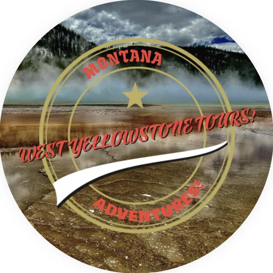 A circular logo featuring a Yellowstone National Park geothermal area with steaming hot springs, mountains, and a cloudy sky in the background. Text on the logo reads 'Montana West Yellowstone Tours! Adventures!'