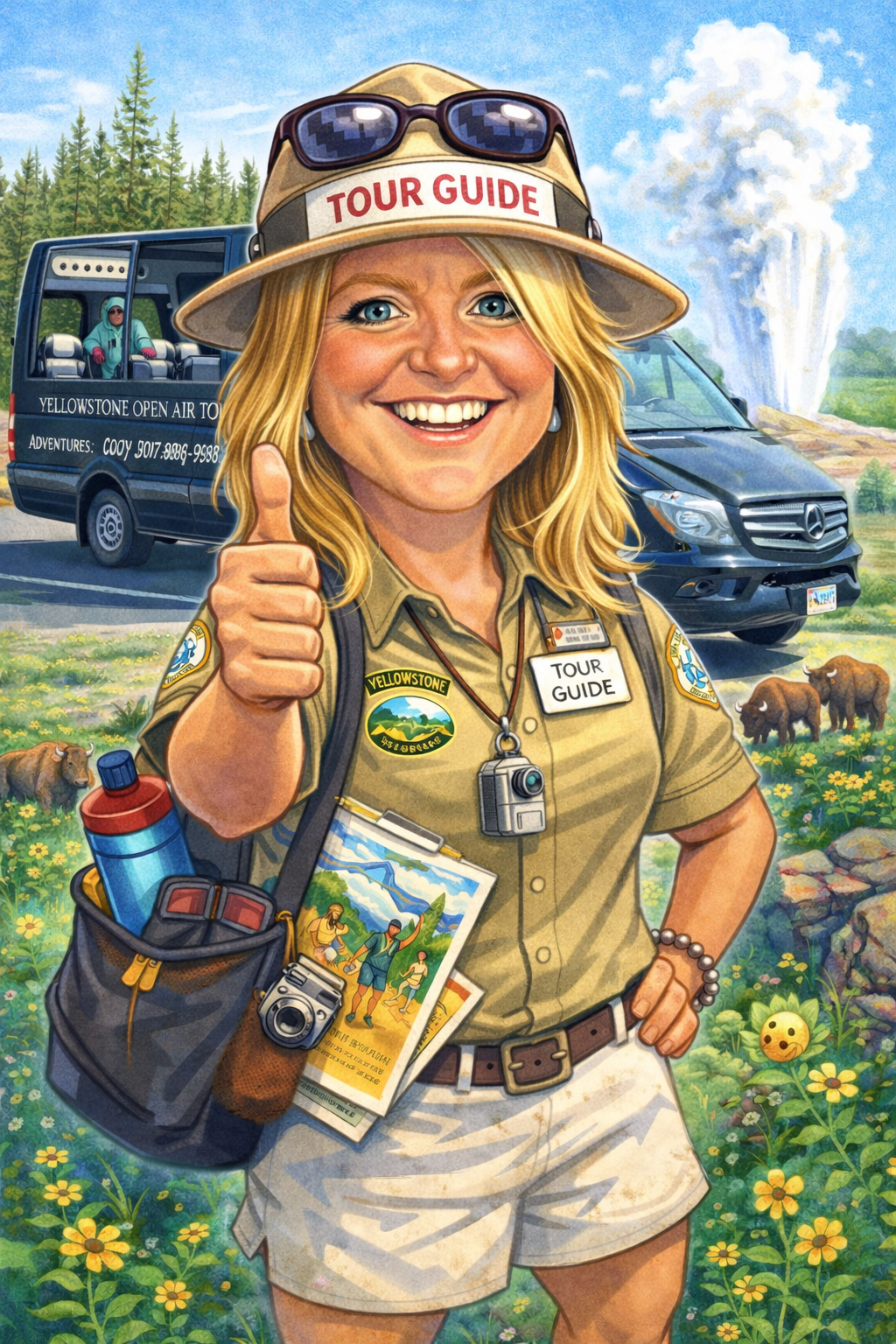 A smiling female tour guide wearing a beige hat with sunglasses, giving a thumbs-up gesture. She is dressed in a Yellowstone park uniform with a badge and a lanyard with a photo. Behind her are a tour bus, a black van, and Yellowstone National Park scenery including bison, trees, flowers, and a geyser erupting in the background.