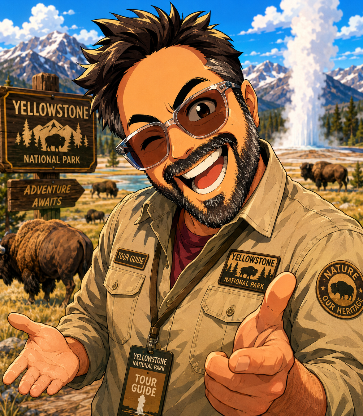 A cartoon man in Yellowstone National Park giving a thumbs-up. He has a beard, glasses, and is wearing a ranger uniform with a tour guide badge. Behind him, bison graze near a waterfall with snowy mountains and a blue sky in the background.