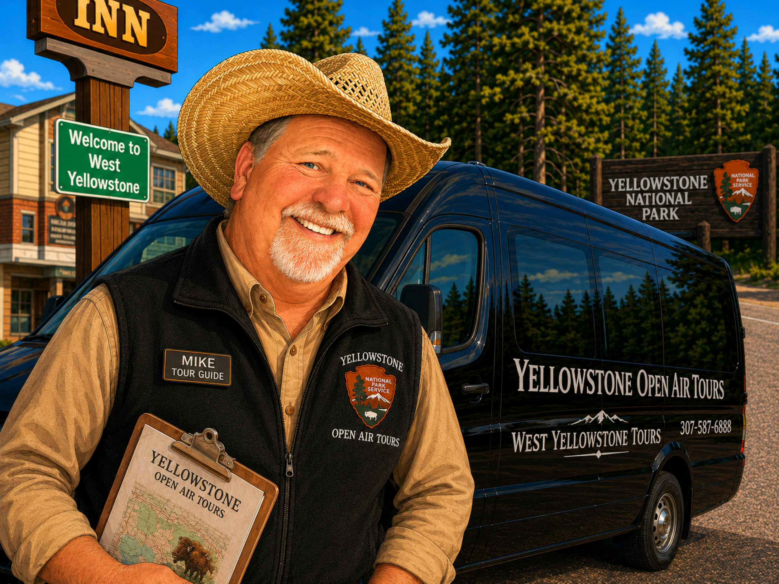 A smiling man wearing a straw cowboy hat and a yellow shirt with a black vest that has the Yellowstone National Park emblem. He is outside near a dark blue van with Yellowstone tour signage. In the background, there are trees, a building, and signs that read 'Welcome to West Yellowstone' and 'Yellowstone National Park'.