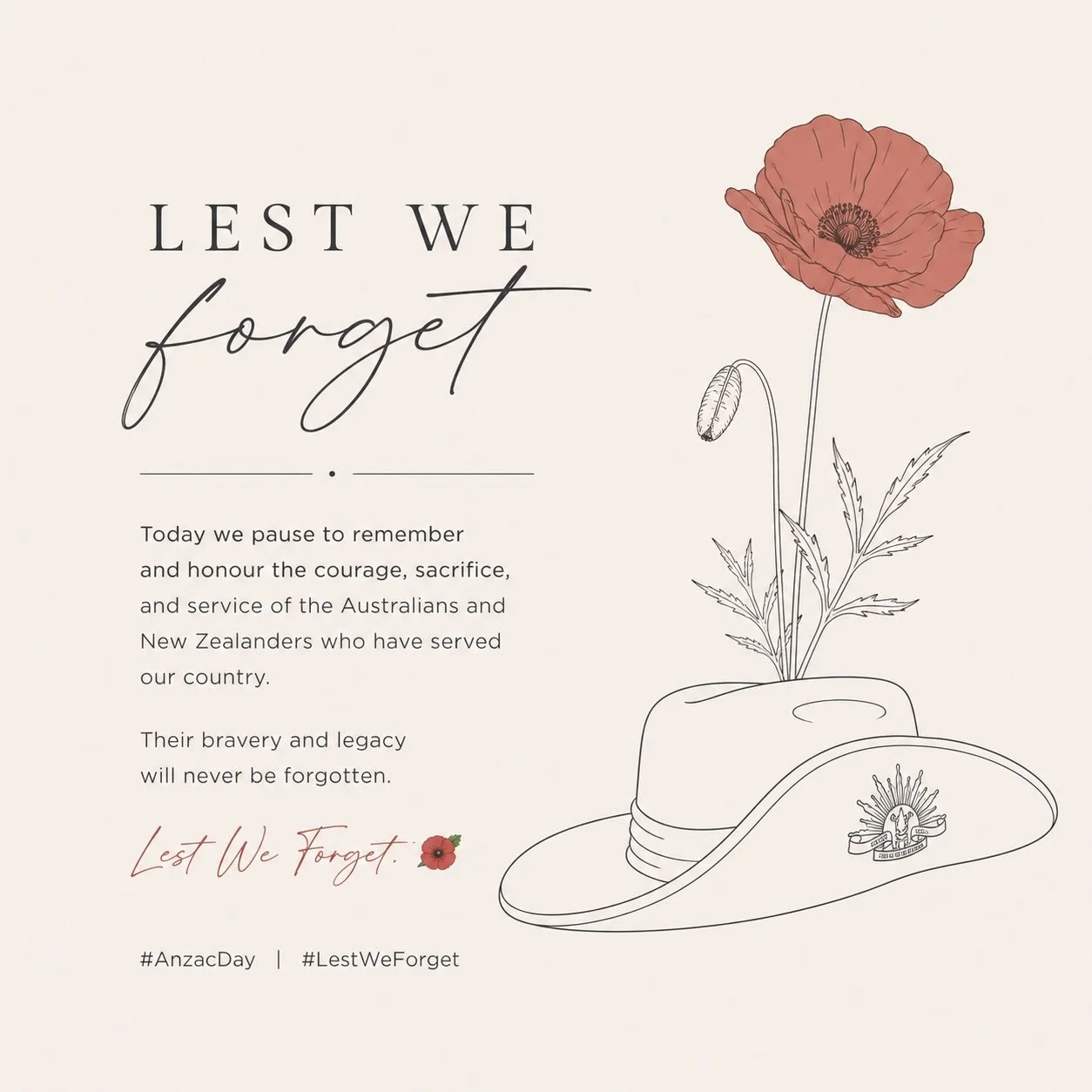 Today we pause to remember and honour the courage, sacrifice, and service of the Australians and New Zealanders who have served our country. 

Their bravery and legacy will never be forgotten. 
Lest We Forget. 🌺 

#anzacday #lestweforget